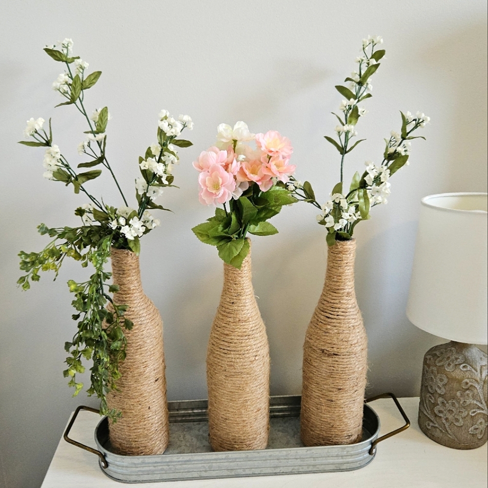 Twine Wrapped Vase Set Of 3 Faux Florals Home Decoration Centerpiece Tin Tray